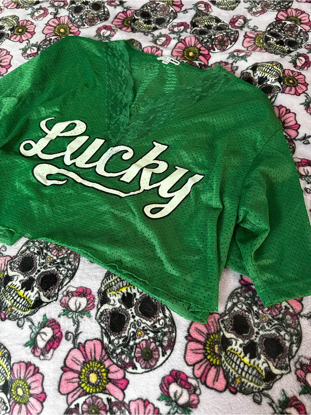 Fashion Nova Green 'Lucky' Cropped Mesh V-Neck Top